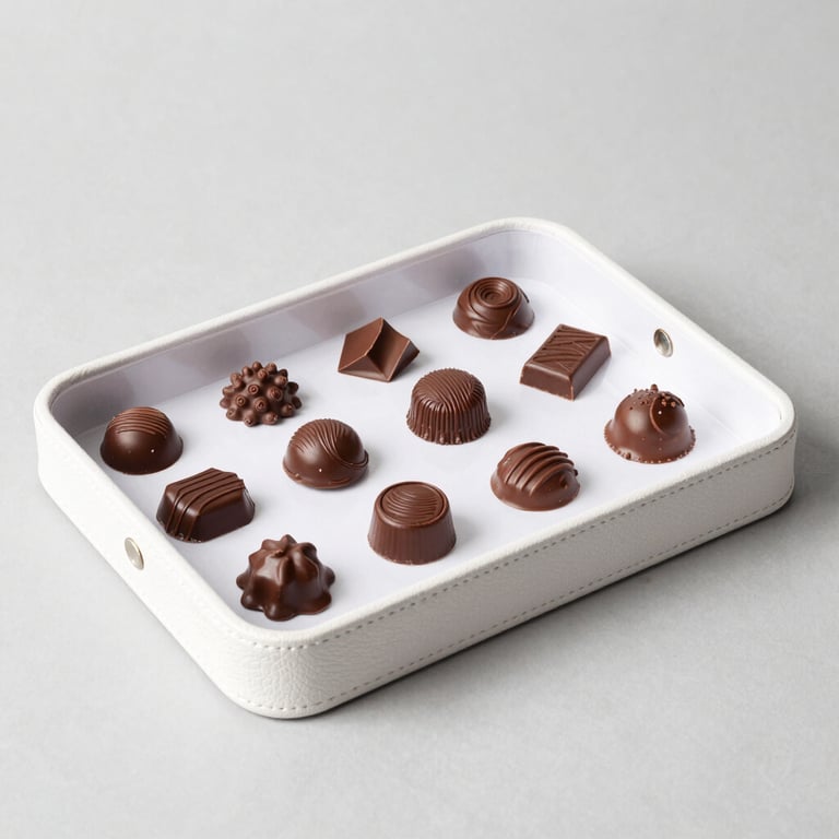 An assortment of gourmet milk and dark chocolate truffles in a white leather tray.