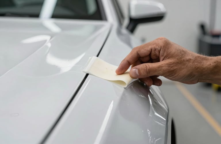 Close-up of a hand carefully applying a high-quality adhesive vinyl wrap to a vehicle surface. The application is smooth and professional. Bright, clean garage environment. Sul Americano / Brasileiro.