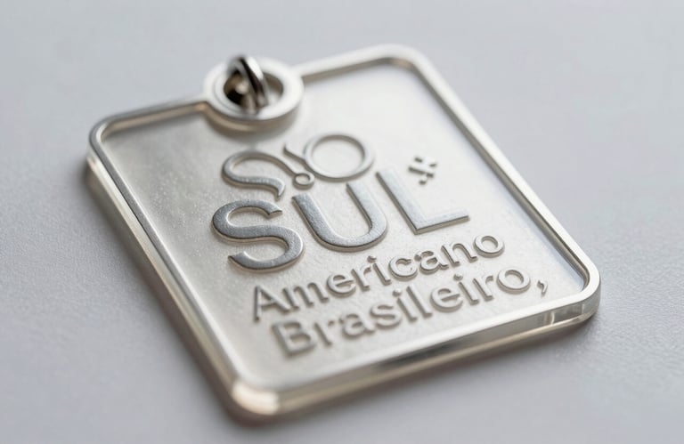 Macro shot of a laser-engraved acrylic badge on a clean surface. The light highlights the intricate details and the professional finish. Light gray background. Sul Americano / Brasileiro.
