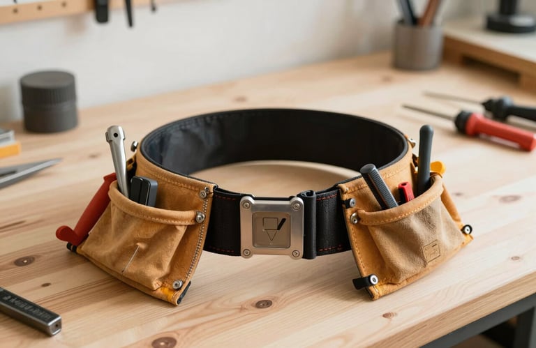 A professional electrician's tool belt with high-grade tools sitting on a clean wooden workbench in a North American / US workshop. The lighting is bright and crisp using warm off-white tones.