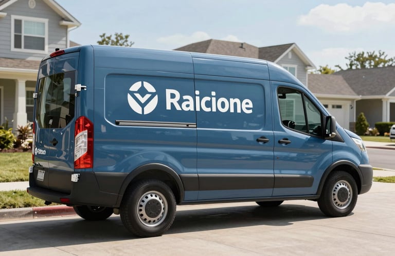 A professional service van with clean branding parked in a tidy North American / US residential driveway during the day. The scene uses slate blue and sky blue colors to feel modern and reliable.
