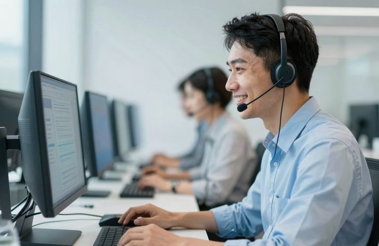 A professional IT support agent with a headset, smiling while looking at a multi-monitor setup in a bright, modern office space. The mood is friendly yet expert, incorporating brand colors #8BAAC7 and #F0F4F8.