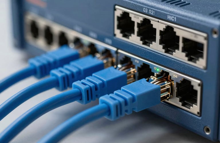 A close-up of a high-performance network switch with neatly organized blue ethernet cables plugged in. The focus is sharp, showcasing professional cable management and high-quality hardware in brand colors #0E1B2C and #8BAAC7.