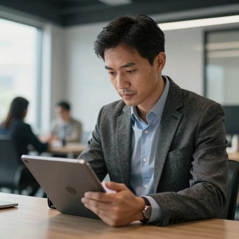 A professional North American businessman in business casual attire reviewing data on a sleek tablet in a modern, open-plan office setting with soft natural light.
