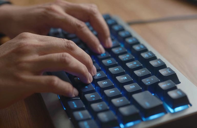 A close-up of hands typing on a mechanical keyboard with blue backlighting, representing speed and technology in a professional South American / Brazilian setting.