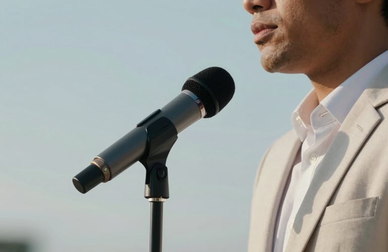 A side profile of a professional in a smart blazer using a sleek microphone, soft sky blue and pearl white tones, South American / Brazilian professional context.