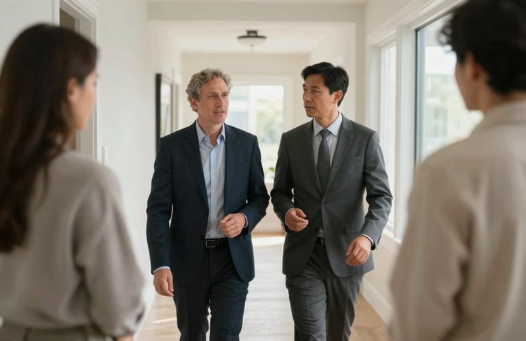 A professional property manager and a homeowner walking through a bright hallway in a North American / US home, engaged in a supportive conversation. Trust and efficiency.