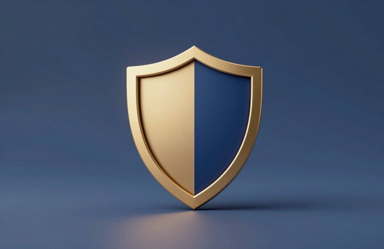 A minimal and high-end symbolic icon of a gold and #0A244A shield, representing compliance and protection, shot in a professional studio setting.