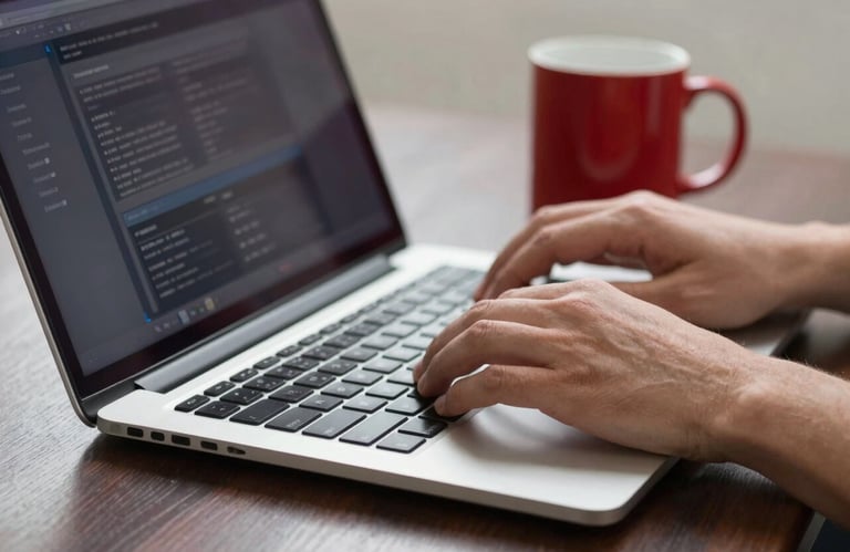 A macro photograph of a professional's hands typing on a laptop with a high-tech interface. The lighting is focused and clean, with a Crimson Red mug nearby on a Dark Mahogany desk in a North American / US office.