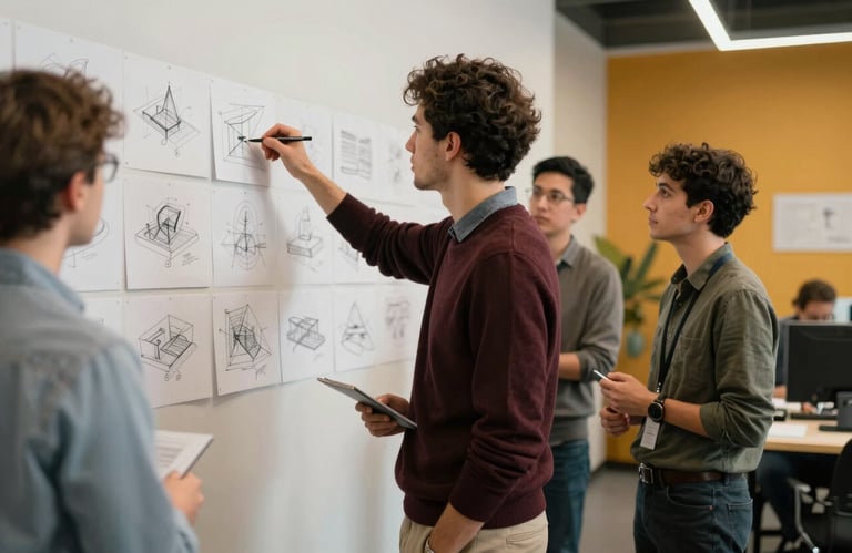 A group of tech professionals in a collaborative North American / US workspace, looking at a wall of sketches. One person wears a Dark Mahogany sweater, and the room is accented with Vibrant Amber decor.