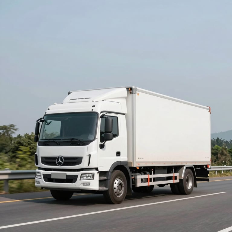 A clean, minimalist shot of a modern white logistics truck driving on a smooth highway during the day, Southeast Asian landscape in the background, professional photography style.