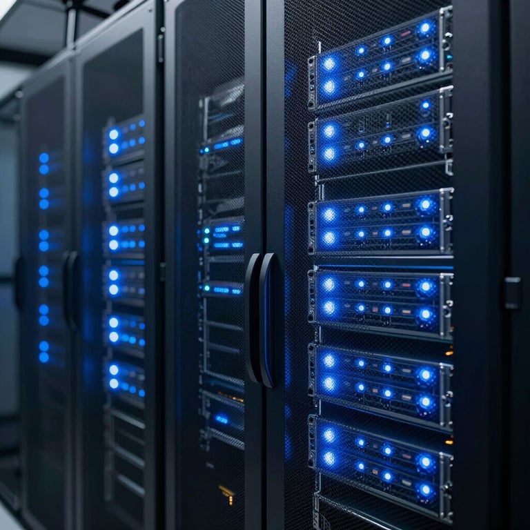 A close-up shot of a high-tech server room with glowing blue LED lights, representing the advanced IT and technology division of an Indonesian corporation.