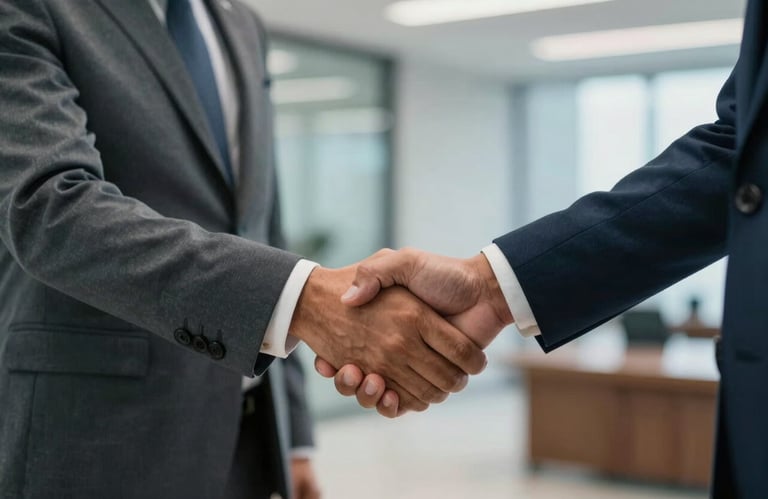 A close-up of professionals shaking hands in a sophisticated South American / Brazilian & European / Portuguese office lobby, Soft Blue-Grey and Steel Blue atmosphere.