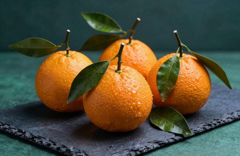 Four fresh oranges with green leaves and water droplets on a slate tray.