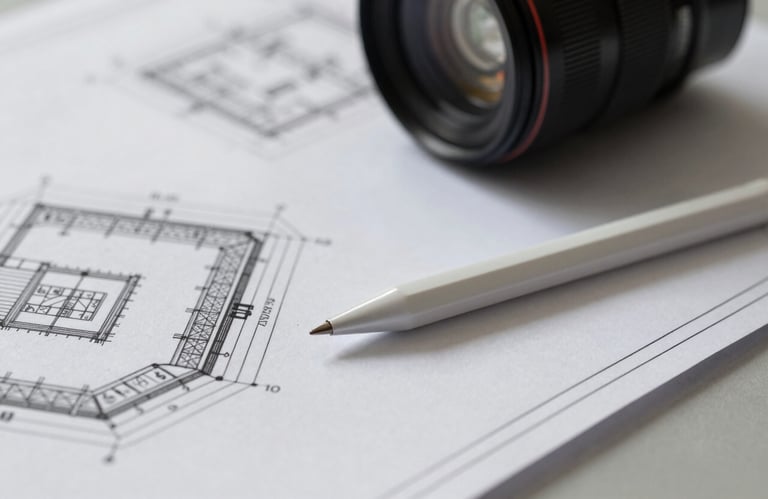 A close-up shot of architectural blueprints and a professional stylus on a clean, light-grey workspace, embodying precision and corporate focus in North America.