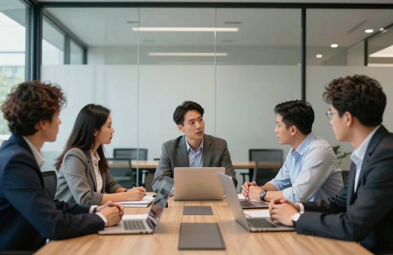 A collaborative tech meeting in a glass-walled conference room in Denver. Professional team members in a North American / US corporate environment discussing data.