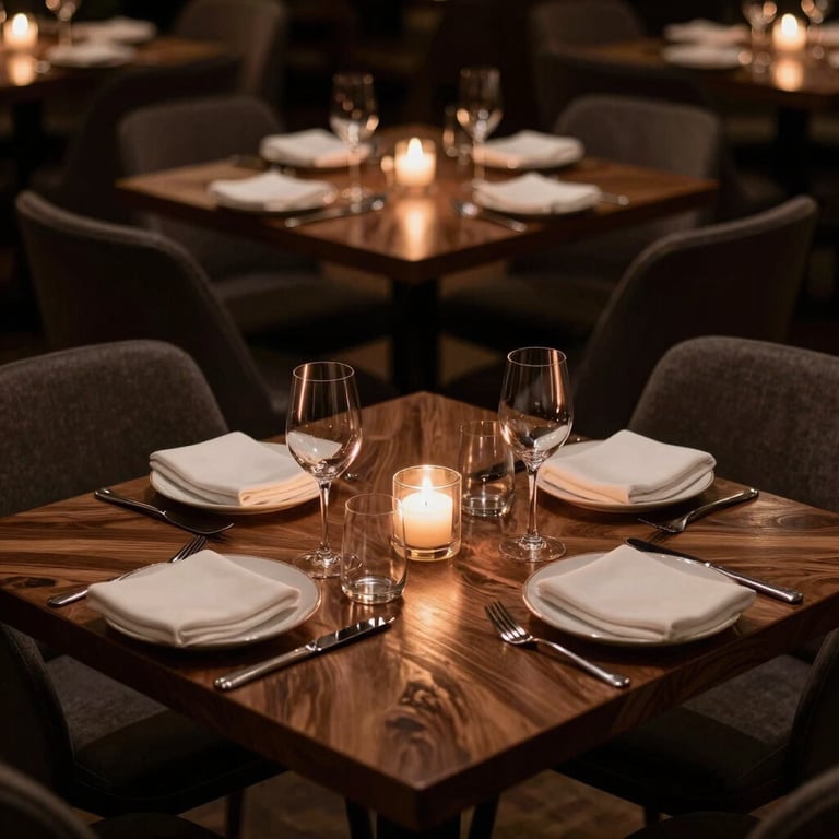 A dimly lit, upscale North American restaurant table set for two, featuring dark wood and soft, warm candlelight.