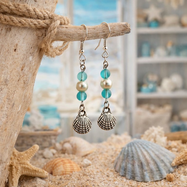 Silver seashell drop earrings with blue seaglass and pearl beads hanging on driftwood over sand.