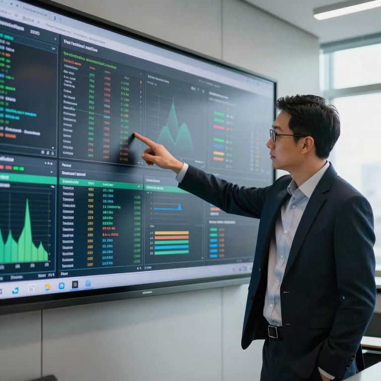 A professional specialist pointing to a large data display screen in a modern North American boardroom with natural lighting.