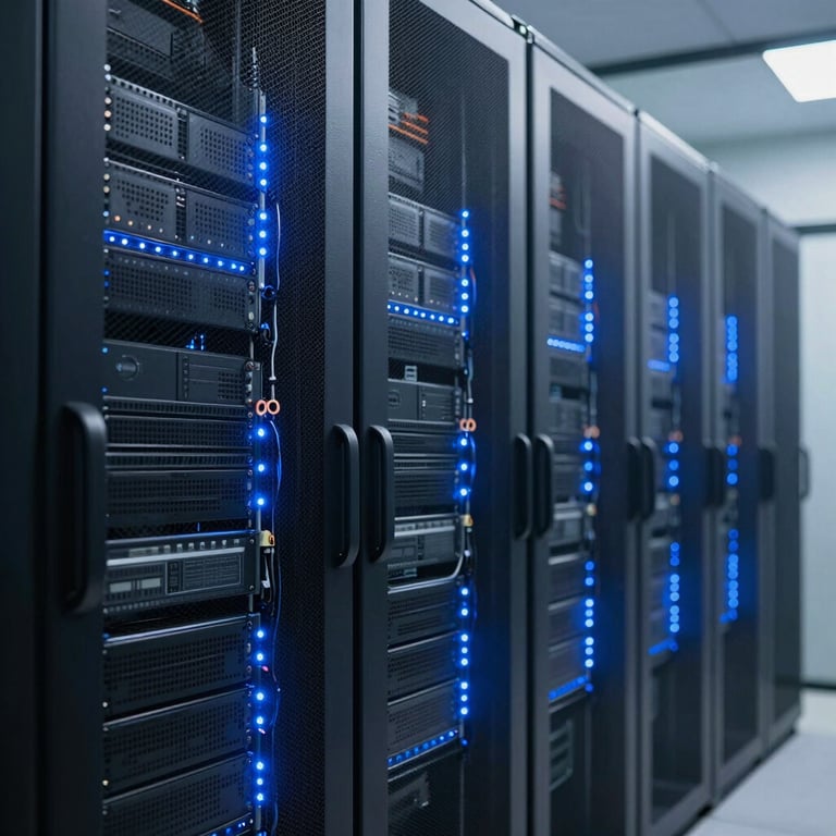 Professional photography of a secure, well-lit server room with blue LED indicator lights, reflecting high-tech reliability and efficiency.