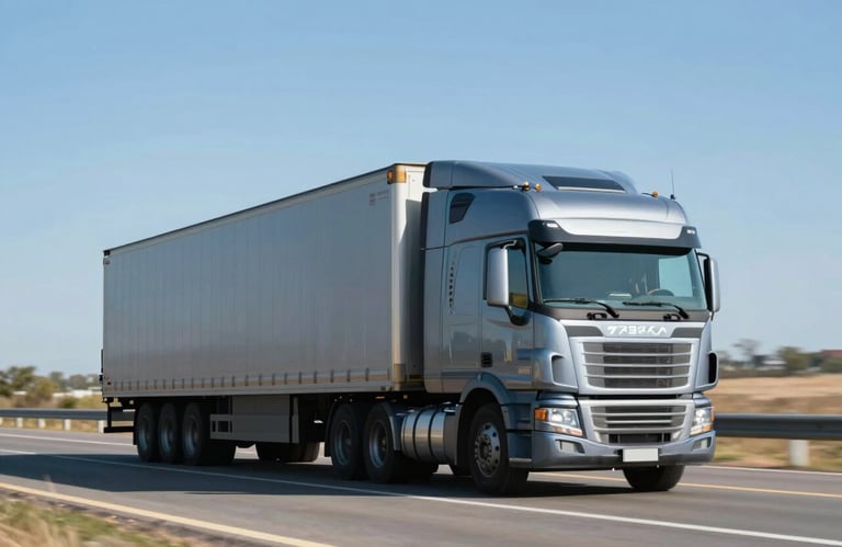 A long-haul semi-truck driving on an open highway under a clear blue sky. The truck is clean and modern, reflecting the brand's reliability, with a metallic finish echoing #7A92A0.