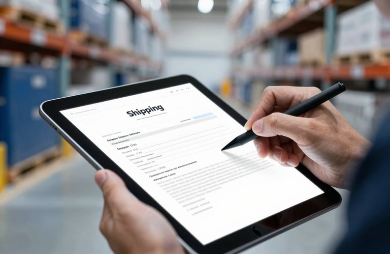 Close up of a professional hand signing a digital shipping document on a tablet, with blurred logistics warehouse in background using #E0E5E8 tones.