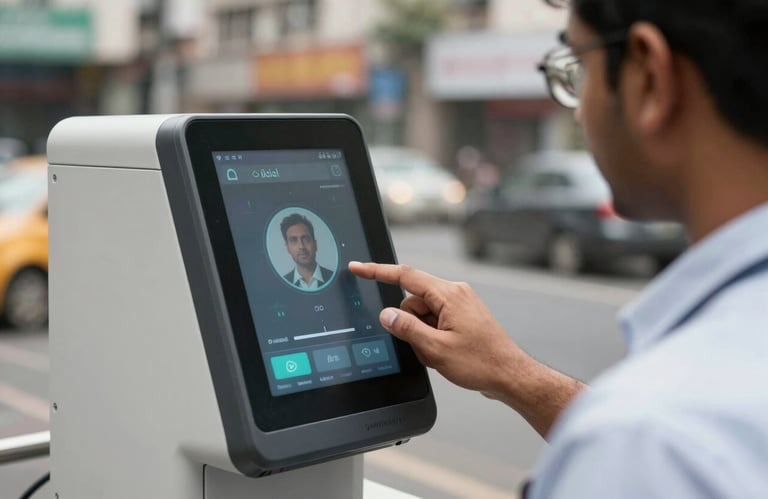A digital biometric scanner interface being used by a professional in a South Asian / Indian city environment, high-tech and secure feel.