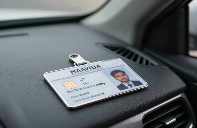 A professional identification card with a security chip placed on a sleek dashboard in a South Asian / Indian vehicle, sharp focus, professional lighting.