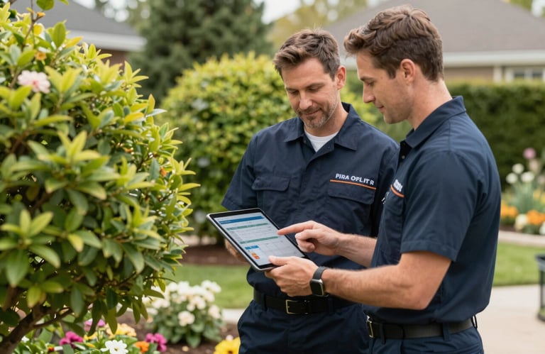 A friendly, professional technician in a branded uniform standing in a North American garden, showing a homeowner a tablet screen with irrigation schedules. They are surrounded by healthy, flowering shrubs.
