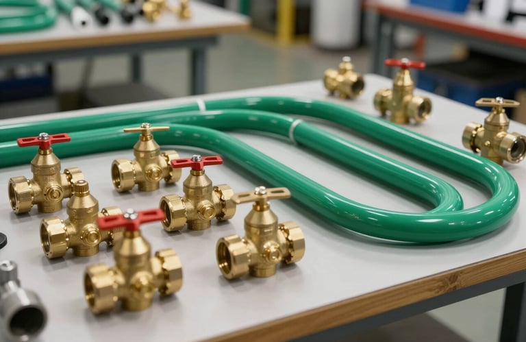 A professional arrangement of high-quality irrigation components, including brass valves and durable green piping, laid out neatly on a clean workshop table in a North American facility.