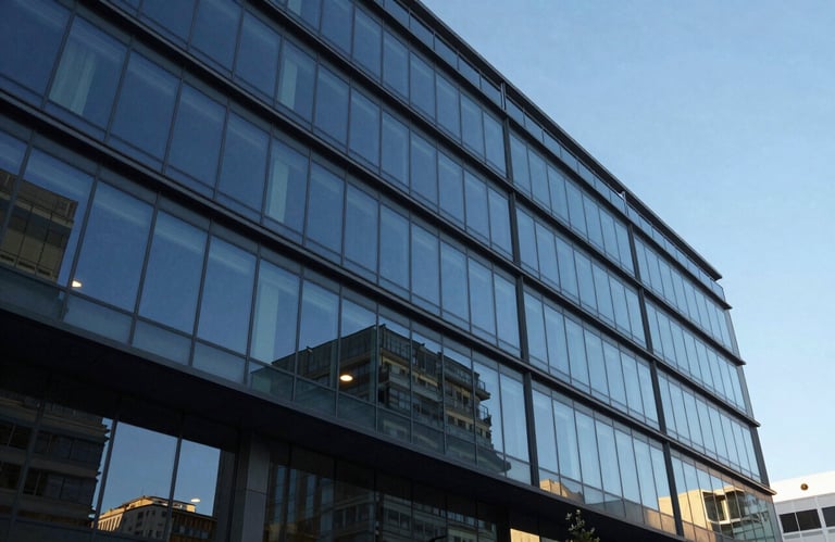 The exterior of a modern commercial office building with glass facades reflecting the South American blue sky. A clean, architectural shot that transmits stability and corporate presence.