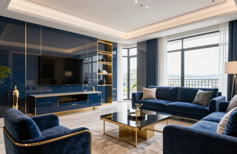 Interior of a luxury living room in a Portuguese apartment, featuring midnight blue and gold decor, clean modern lines, and high-end furniture, bright natural light.