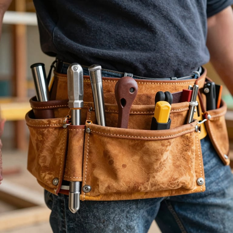 A professional construction worker's leather tool belt with high-quality steel tools, hanging on a wooden frame. Close-up, sharp focus on the textures of leather and metal. North American job site setting.
