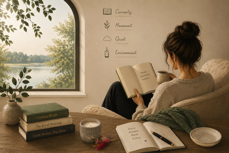 Woman reading in a chair beside a candle, books, representing the Quick Read Moments Philosophy