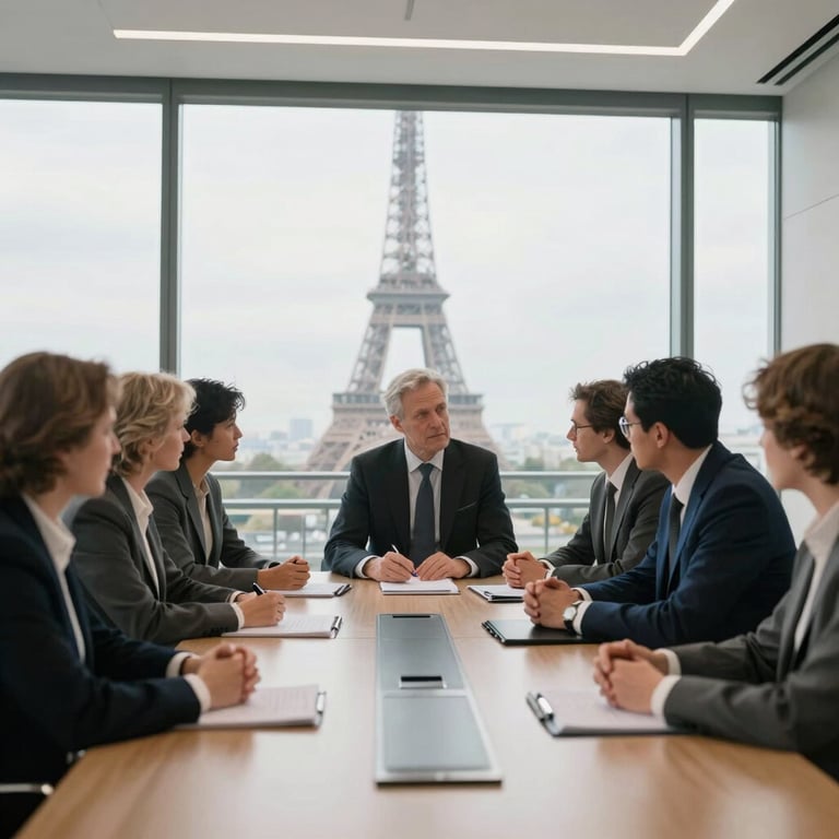 A professional team discussing strategy in a glass-walled conference room in Paris, bright natural light, focused and professional ambiance.