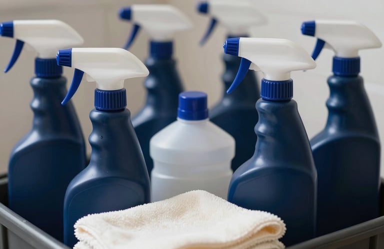 A close-up of professional cleaning supplies arranged neatly in a carrier, including navy blue spray bottles and soft off-white microfiber cloths.