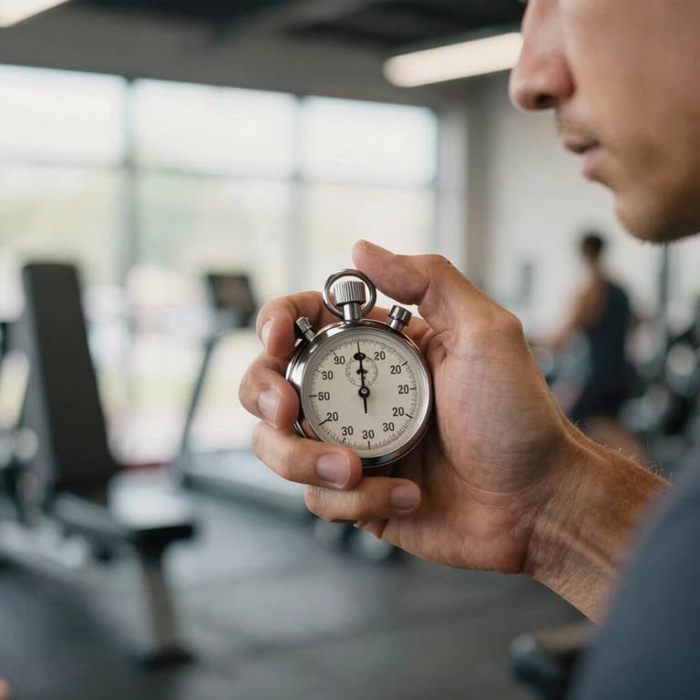 A close-up of a personal coach’s hand holding a stopwatch during a workout session, symbolizing precision and professional guidance in a bright North American gym environment.