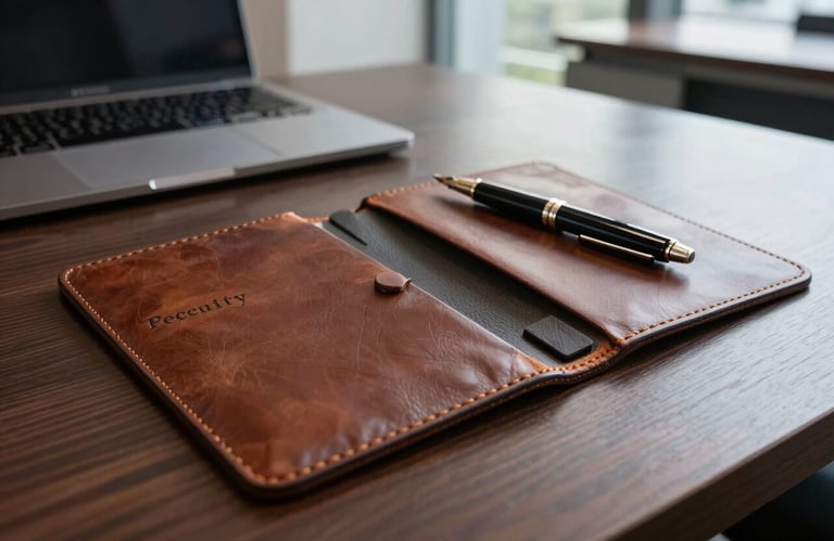 A professional leather folder and a high-quality pen resting on a dark wood desk in a modern Brazilian corporate office, signifying security and formal agreements.