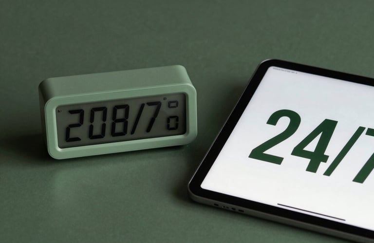 A modern digital clock showing a late hour beside a glowing professional tablet, representing 24/7 availability in a North American / US business setting. Tones of deep sage green.
