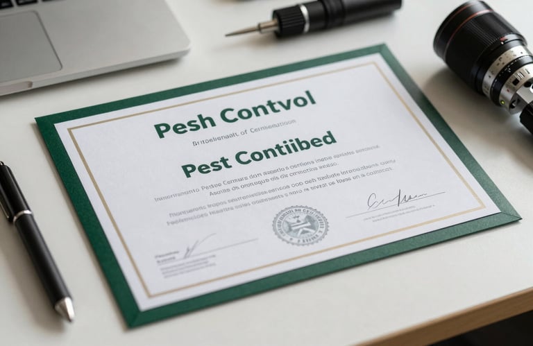 A close-up of a professional pest control certification certificate and specialized inspection tools resting on a clean, light-colored desk in a North American / US office. The palette is dark forest green and icy paper.