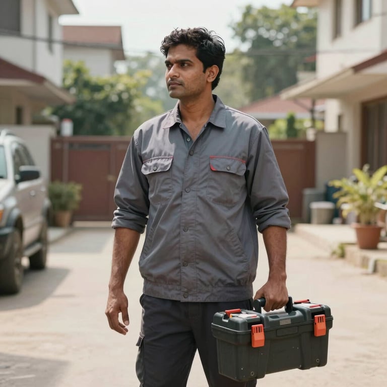A South Asian / Indian mechanic in a clean uniform standing in a residential driveway, holding a professional tool kit, bright daylight.