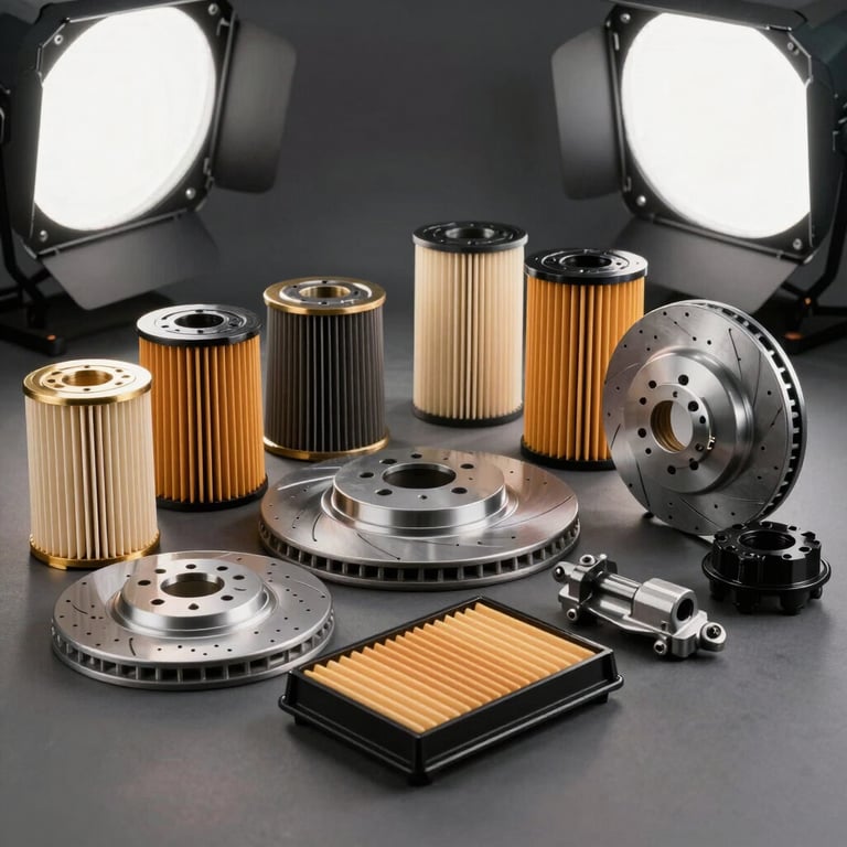 A collection of high-quality car filters and brake components arranged neatly on a dark gray surface, bright professional studio lighting.