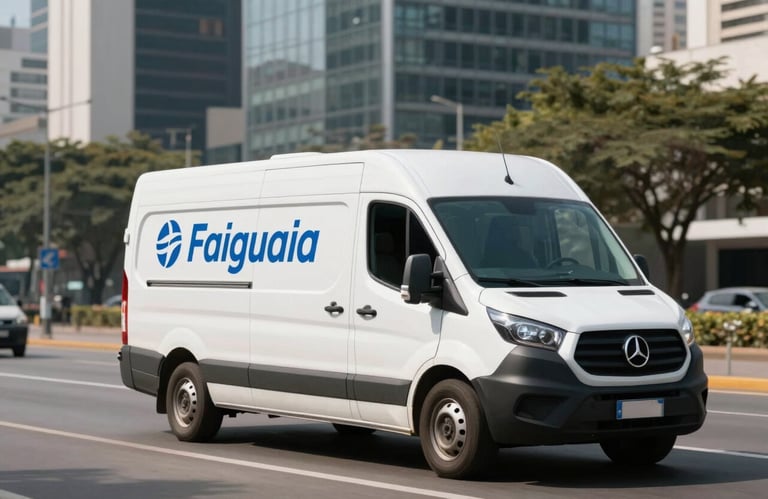 A modern, white logistics van with subtle blue branding, driving through a clean, sunlit financial district in a South American city.