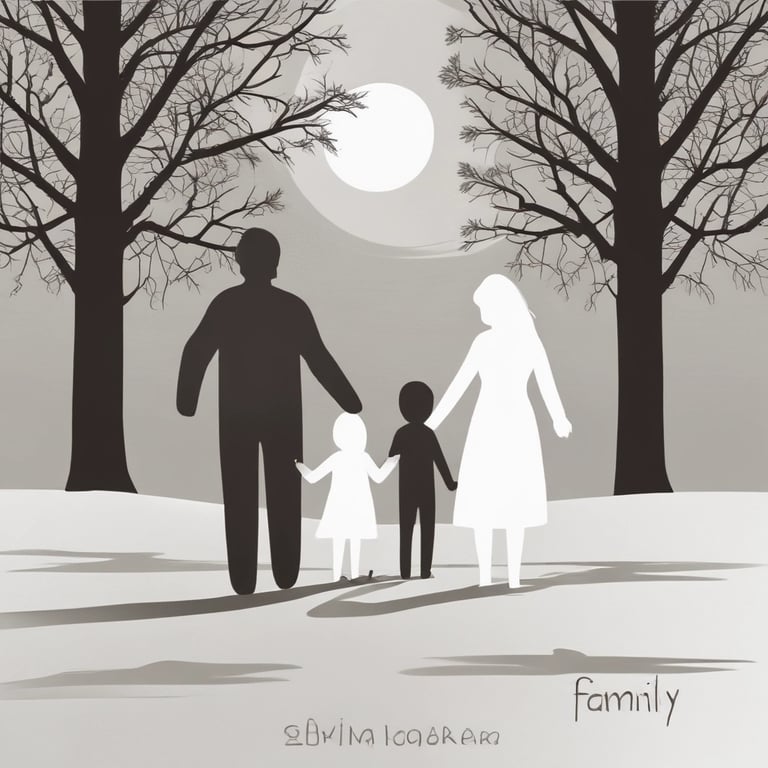 Ilustração de família caminhando entre árvores, simbolizando situação familiar de risco.