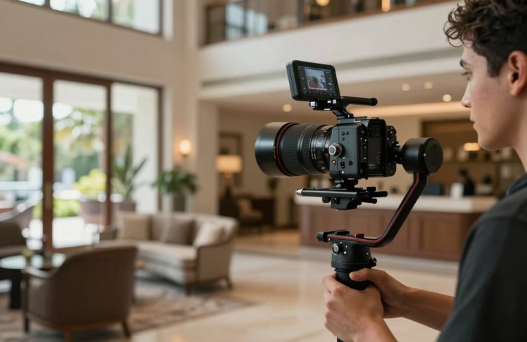 Professional photographer capturing high-quality interior video of a luxury boutique hotel lobby in Latin America. Soft natural light and high-end gimbal equipment are visible.