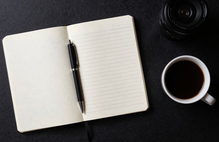 Top-down view of a designer's desk in a Spanish studio. A minimalist notebook with clean handwritten notes, a sleek black pen, and a cup of black coffee. Organized and professional aesthetic.