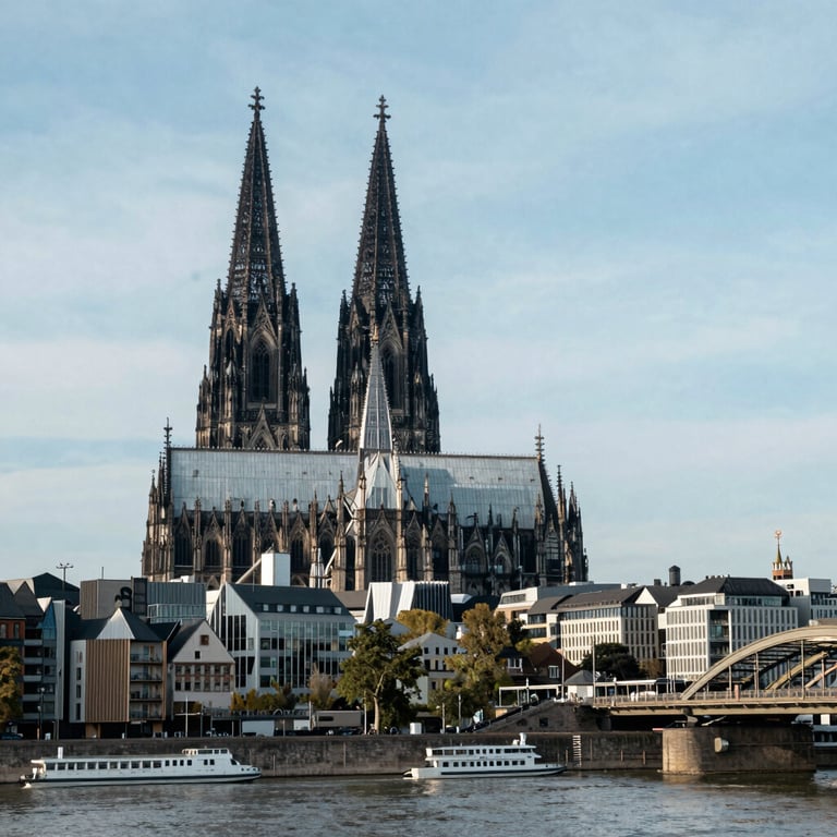 A professional view of the Cologne skyline with the Rhine river, focusing on modern architecture and stable business atmosphere.