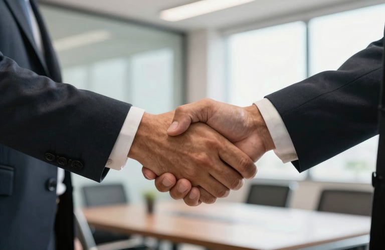 A close-up of a professional handshake between two executives in a bright, modern Brazilian office, symbolizing trust and reliability, warm natural lighting.