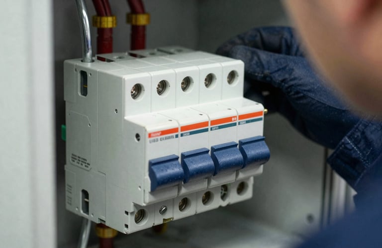 A close-up of a modern circuit breaker being inspected by a professional in a North American / US utility room, clean and technical composition, featuring pale mist white and dark slate navy colors.