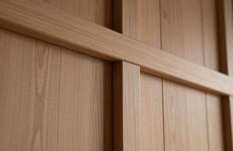 A close-up of premium wood finishing on an interior wall in a Northern European / Finnish home. The craftsmanship shows tight joints and a smooth, professional matte finish.